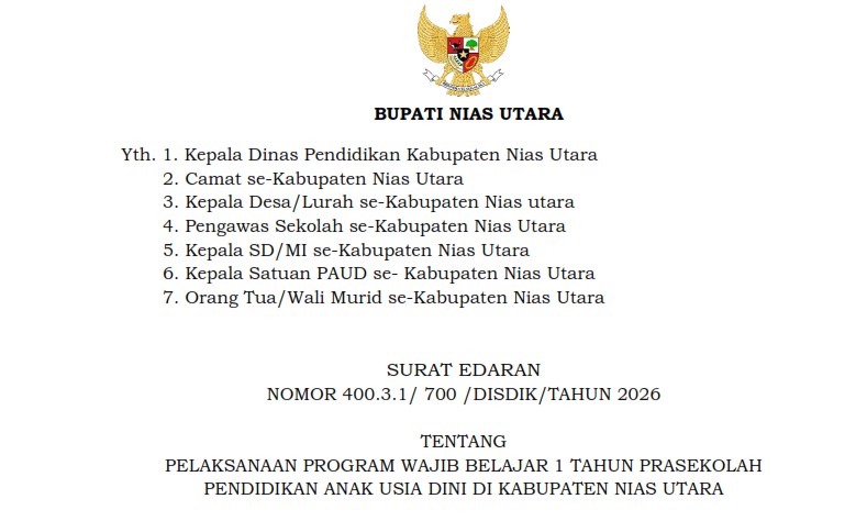Surat Edaran Bupati Nias Utara tentang Pelaksanaan Wajib Belajar 1 Tahun Prasekolah